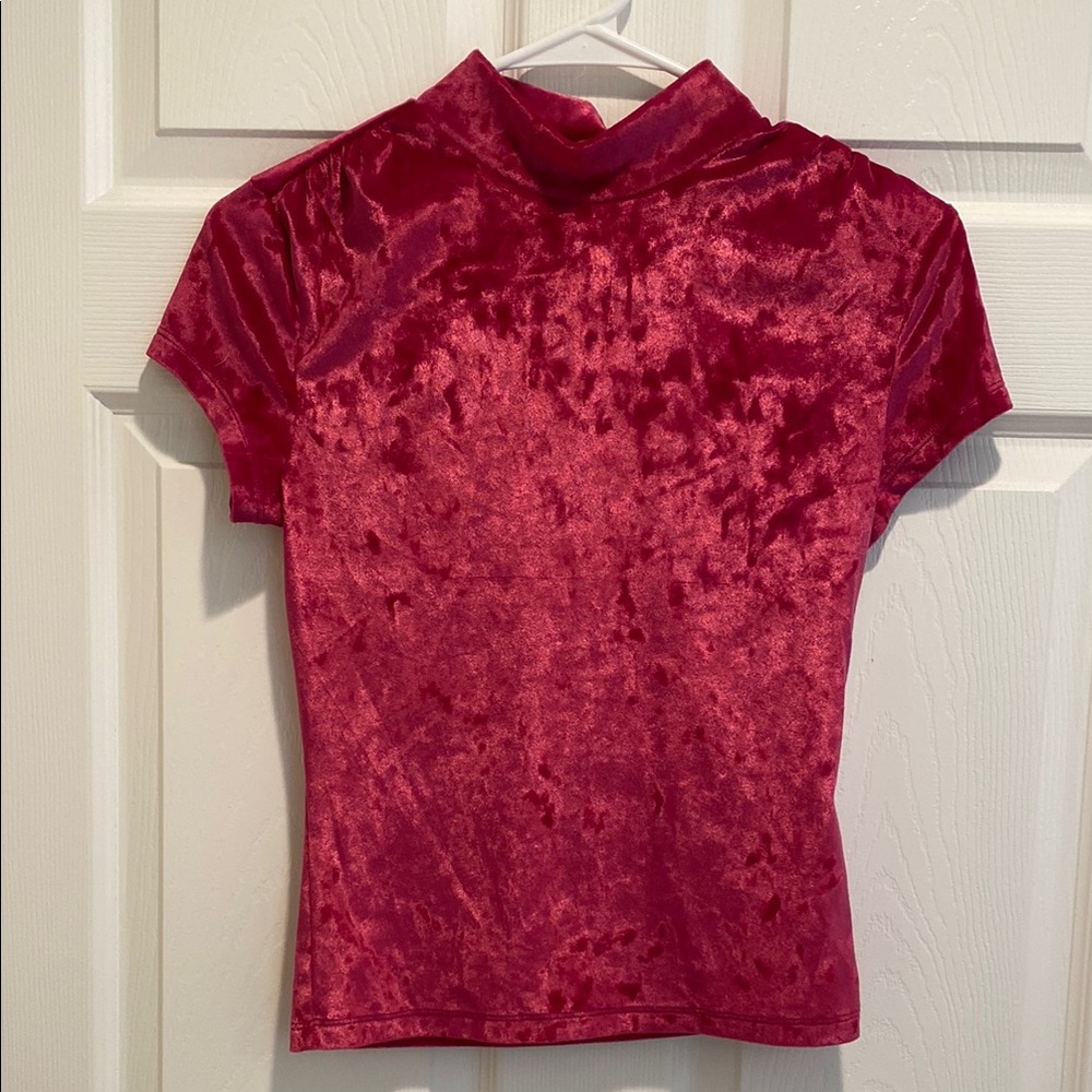 A New Day Hot Pink Velvet Fitted Tee with Mandarin Collar